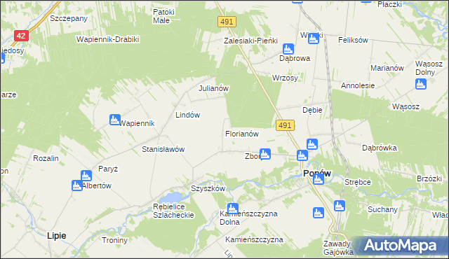 mapa Florianów gmina Popów, Florianów gmina Popów na mapie Targeo