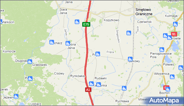 mapa Frąca gmina Smętowo Graniczne, Frąca gmina Smętowo Graniczne na mapie Targeo