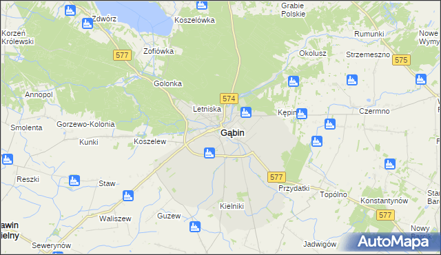 mapa Gąbin powiat płocki, Gąbin powiat płocki na mapie Targeo