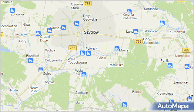 mapa Gacki gmina Szydłów, Gacki gmina Szydłów na mapie Targeo