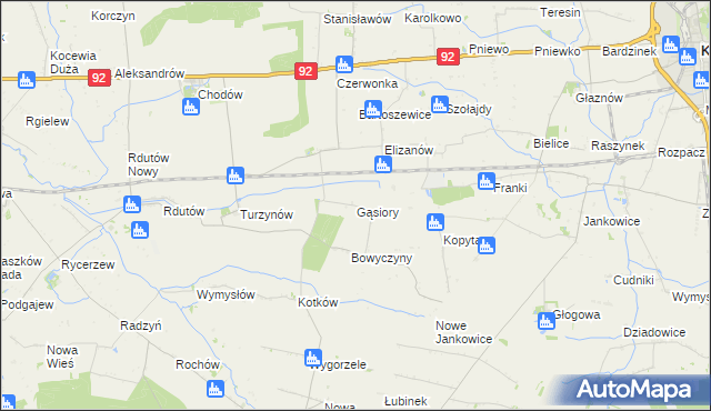 mapa Gąsiory gmina Chodów, Gąsiory gmina Chodów na mapie Targeo