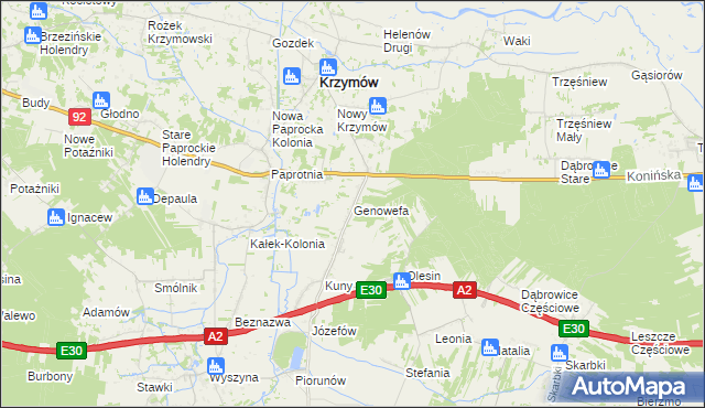 mapa Genowefa gmina Krzymów, Genowefa gmina Krzymów na mapie Targeo