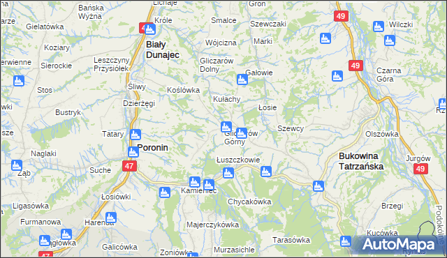 mapa Gliczarów Górny, Gliczarów Górny na mapie Targeo