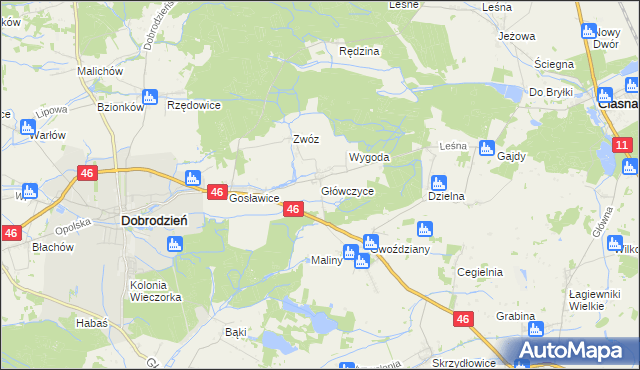 mapa Główczyce gmina Dobrodzień, Główczyce gmina Dobrodzień na mapie Targeo