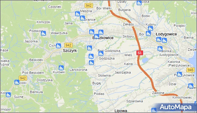mapa Godziszka gmina Buczkowice, Godziszka gmina Buczkowice na mapie Targeo