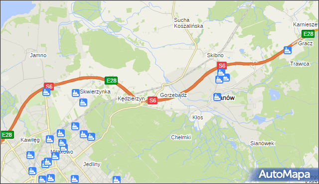 mapa Gorzebądz gmina Sianów, Gorzebądz gmina Sianów na mapie Targeo