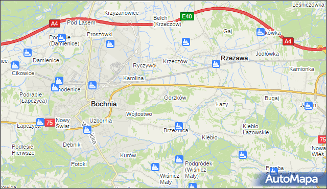 mapa Gorzków gmina Bochnia, Gorzków gmina Bochnia na mapie Targeo