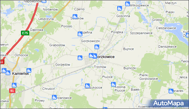 mapa Gorzkowice, Gorzkowice na mapie Targeo