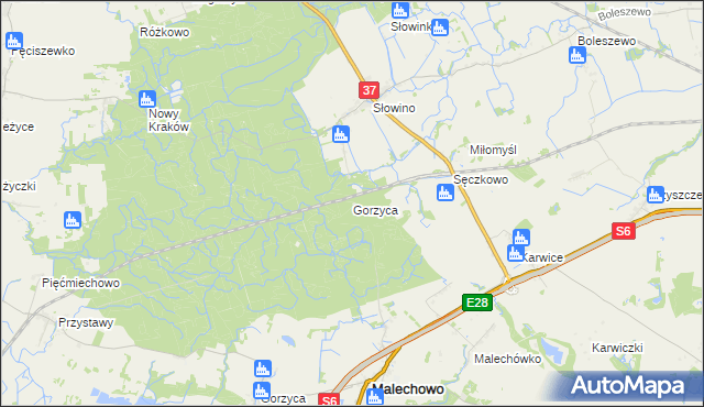 mapa Gorzyca gmina Darłowo, Gorzyca gmina Darłowo na mapie Targeo