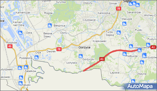 mapa Gorzyce powiat wodzisławski, Gorzyce powiat wodzisławski na mapie Targeo