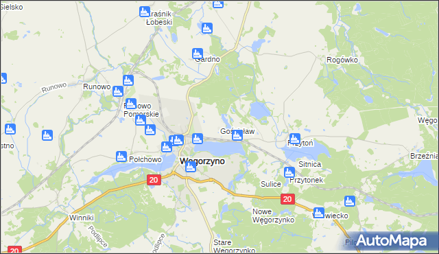 mapa Gościsław gmina Węgorzyno, Gościsław gmina Węgorzyno na mapie Targeo