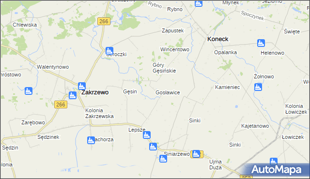 mapa Gosławice gmina Zakrzewo, Gosławice gmina Zakrzewo na mapie Targeo