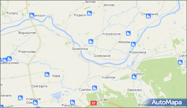 mapa Gostkowice gmina Bogdaniec, Gostkowice gmina Bogdaniec na mapie Targeo