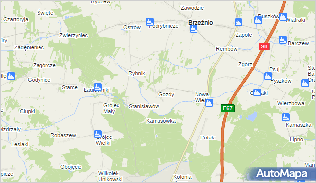 mapa Gozdy gmina Brzeźnio, Gozdy gmina Brzeźnio na mapie Targeo