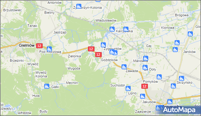 mapa Goździków gmina Gielniów, Goździków gmina Gielniów na mapie Targeo