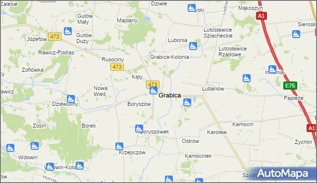 mapa Grabica powiat piotrkowski, Grabica powiat piotrkowski na mapie Targeo