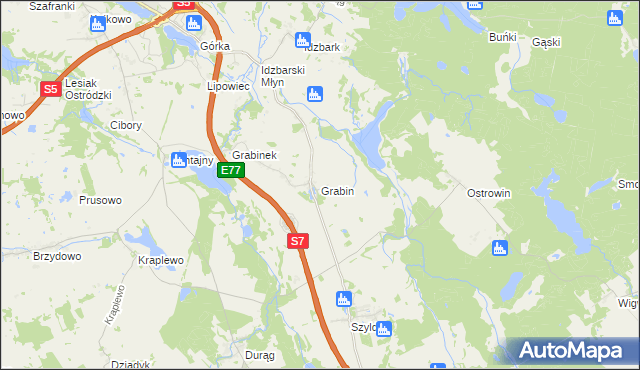 mapa Grabin gmina Ostróda, Grabin gmina Ostróda na mapie Targeo