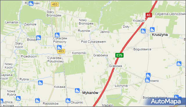 mapa Grabówka gmina Mykanów, Grabówka gmina Mykanów na mapie Targeo