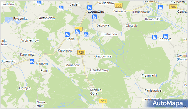 mapa Grabownica gmina Łopuszno, Grabownica gmina Łopuszno na mapie Targeo