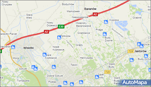 mapa Grądy gmina Jaktorów, Grądy gmina Jaktorów na mapie Targeo