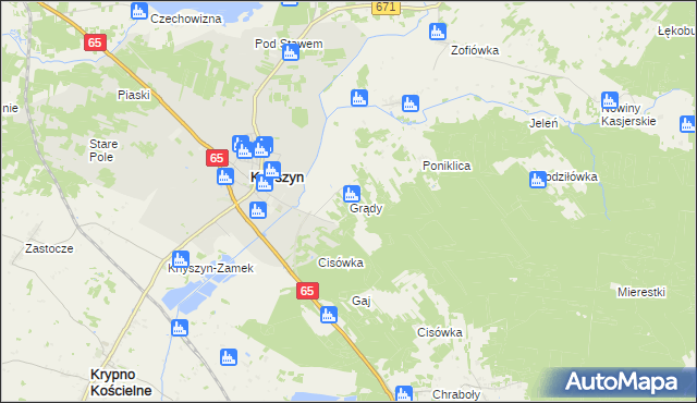 mapa Grądy gmina Knyszyn, Grądy gmina Knyszyn na mapie Targeo