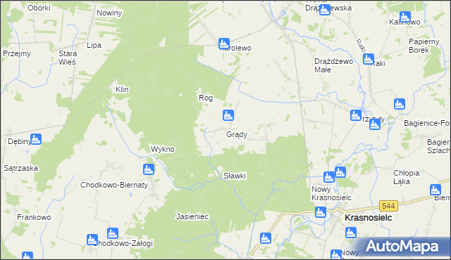 mapa Grądy gmina Krasnosielc, Grądy gmina Krasnosielc na mapie Targeo