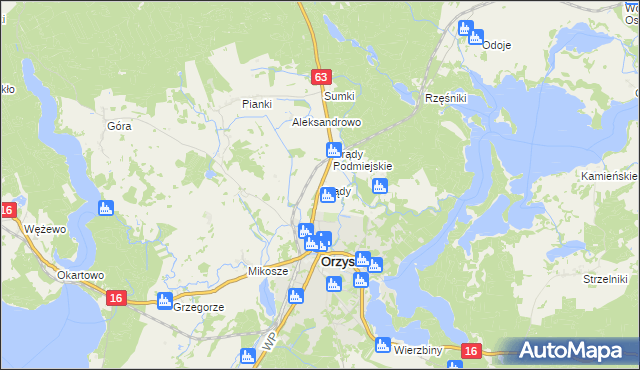 mapa Grądy gmina Orzysz, Grądy gmina Orzysz na mapie Targeo