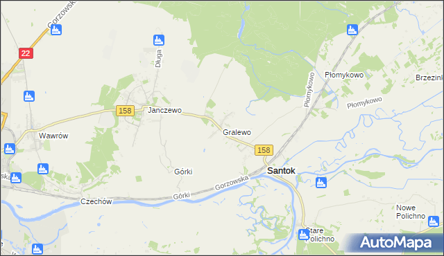 mapa Gralewo gmina Santok, Gralewo gmina Santok na mapie Targeo