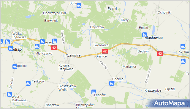 mapa Granice gmina Masłowice, Granice gmina Masłowice na mapie Targeo