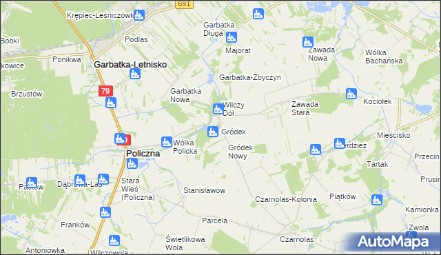 mapa Gródek gmina Policzna, Gródek gmina Policzna na mapie Targeo