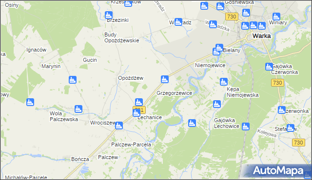 mapa Grzegorzewice gmina Warka, Grzegorzewice gmina Warka na mapie Targeo