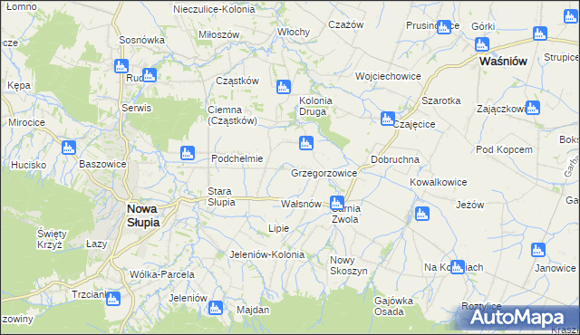 mapa Grzegorzowice gmina Waśniów, Grzegorzowice gmina Waśniów na mapie Targeo