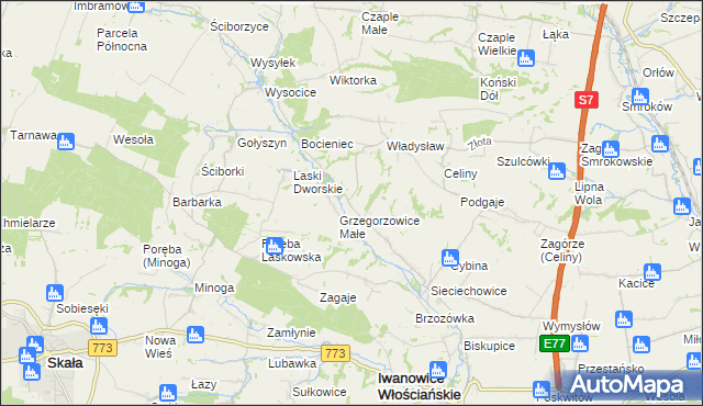 mapa Grzegorzowice Wielkie, Grzegorzowice Wielkie na mapie Targeo