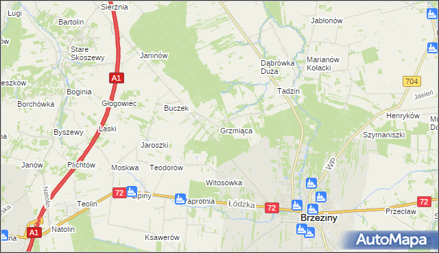 mapa Grzmiąca gmina Brzeziny, Grzmiąca gmina Brzeziny na mapie Targeo