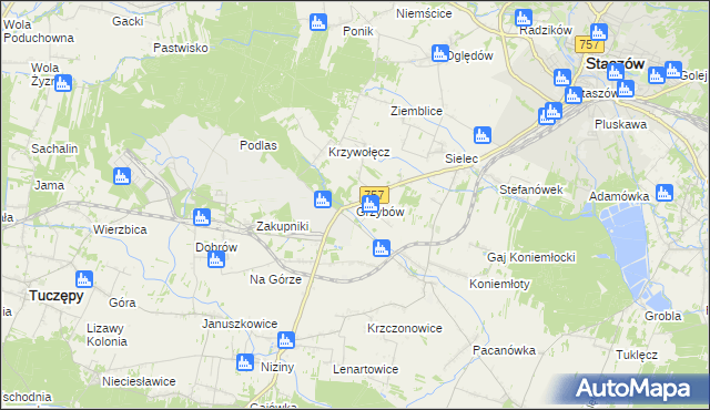 mapa Grzybów gmina Staszów, Grzybów gmina Staszów na mapie Targeo