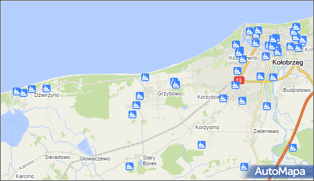 mapa Grzybowo gmina Kołobrzeg, Grzybowo gmina Kołobrzeg na mapie Targeo