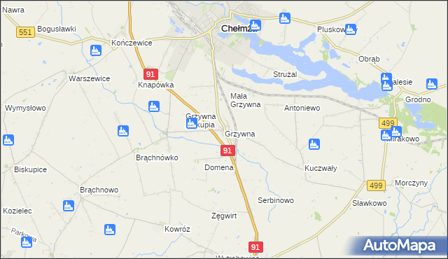 mapa Grzywna gmina Chełmża, Grzywna gmina Chełmża na mapie Targeo