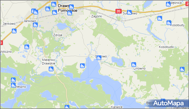 mapa Gudowo gmina Drawsko Pomorskie, Gudowo gmina Drawsko Pomorskie na mapie Targeo
