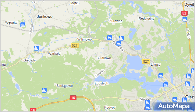 mapa Gutkowo gmina Jonkowo, Gutkowo gmina Jonkowo na mapie Targeo