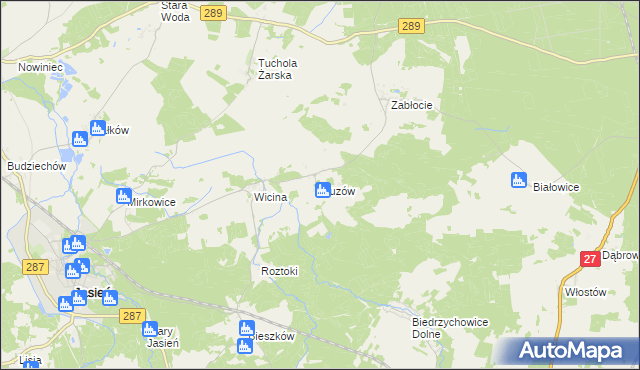 mapa Guzów gmina Jasień, Guzów gmina Jasień na mapie Targeo