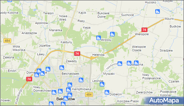 mapa Helenów gmina Bełchatów, Helenów gmina Bełchatów na mapie Targeo