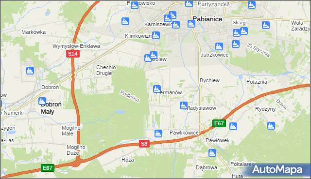 mapa Hermanów gmina Pabianice, Hermanów gmina Pabianice na mapie Targeo