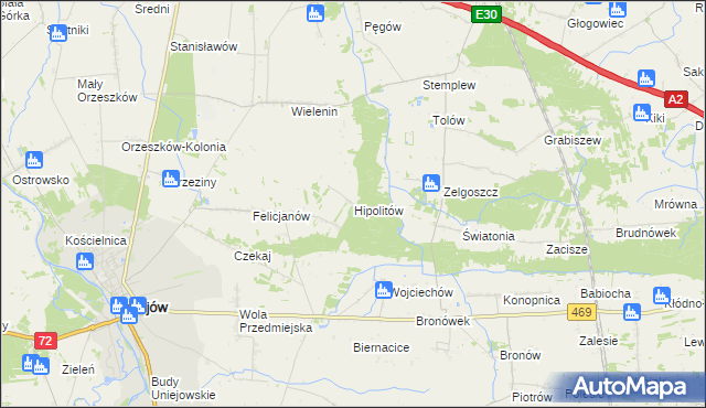 mapa Hipolitów gmina Uniejów, Hipolitów gmina Uniejów na mapie Targeo