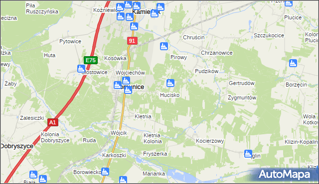 mapa Hucisko gmina Gomunice, Hucisko gmina Gomunice na mapie Targeo