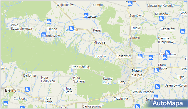 mapa Hucisko gmina Nowa Słupia, Hucisko gmina Nowa Słupia na mapie Targeo