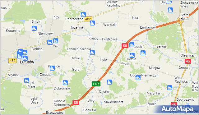 mapa Huta gmina Lututów, Huta gmina Lututów na mapie Targeo