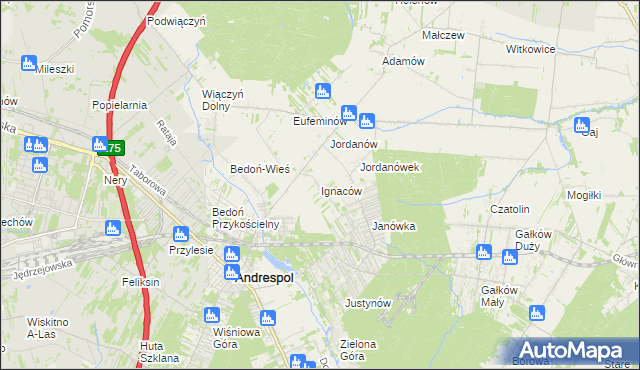 mapa Ignaców gmina Brzeziny, Ignaców gmina Brzeziny na mapie Targeo