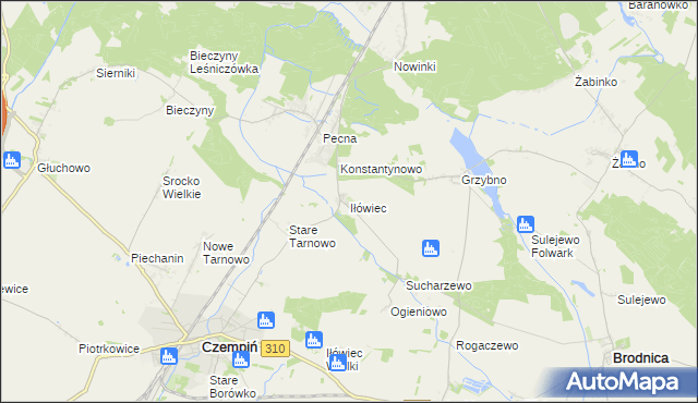 mapa Iłówiec gmina Brodnica, Iłówiec gmina Brodnica na mapie Targeo
