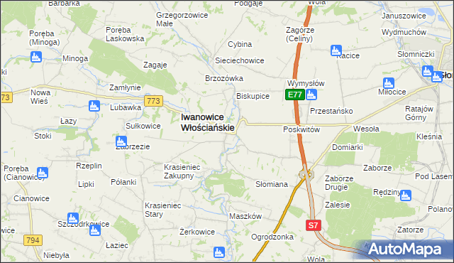 mapa Iwanowice Dworskie, Iwanowice Dworskie na mapie Targeo