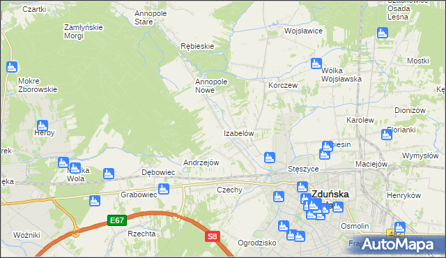 mapa Izabelów gmina Zduńska Wola, Izabelów gmina Zduńska Wola na mapie Targeo